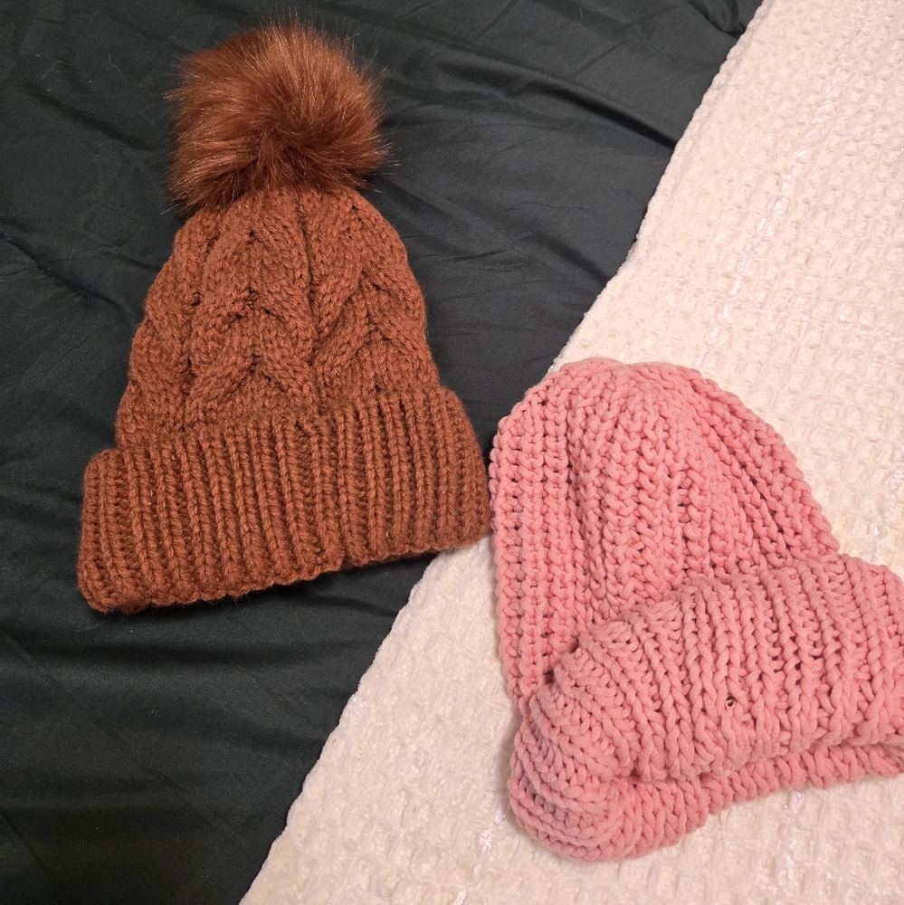 Cozy Brown and Pink Knit Pom-Pom Beanie Set